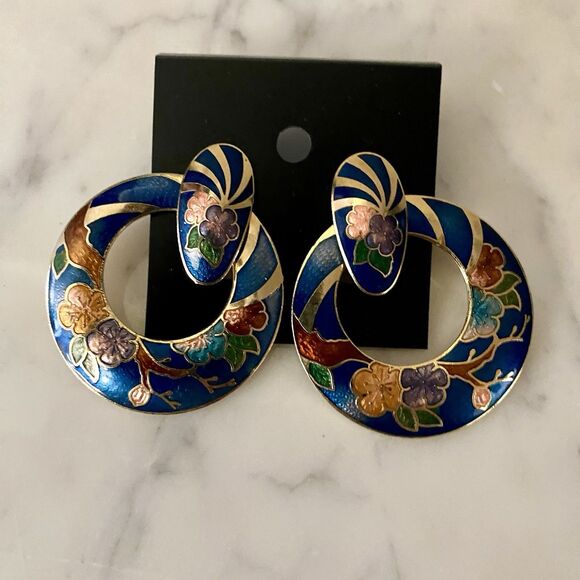 Cloisonne Floral Enamel Door Knocker Earrings Pierced Gold Tone  Hoop - Picture 4 of 8